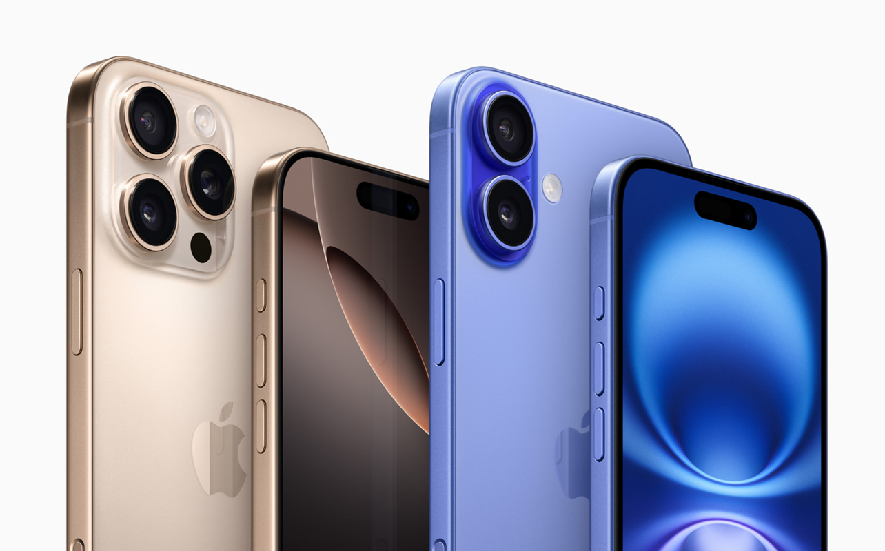 iPhone 16 and iPhone 16 Pro next to each other on white background.