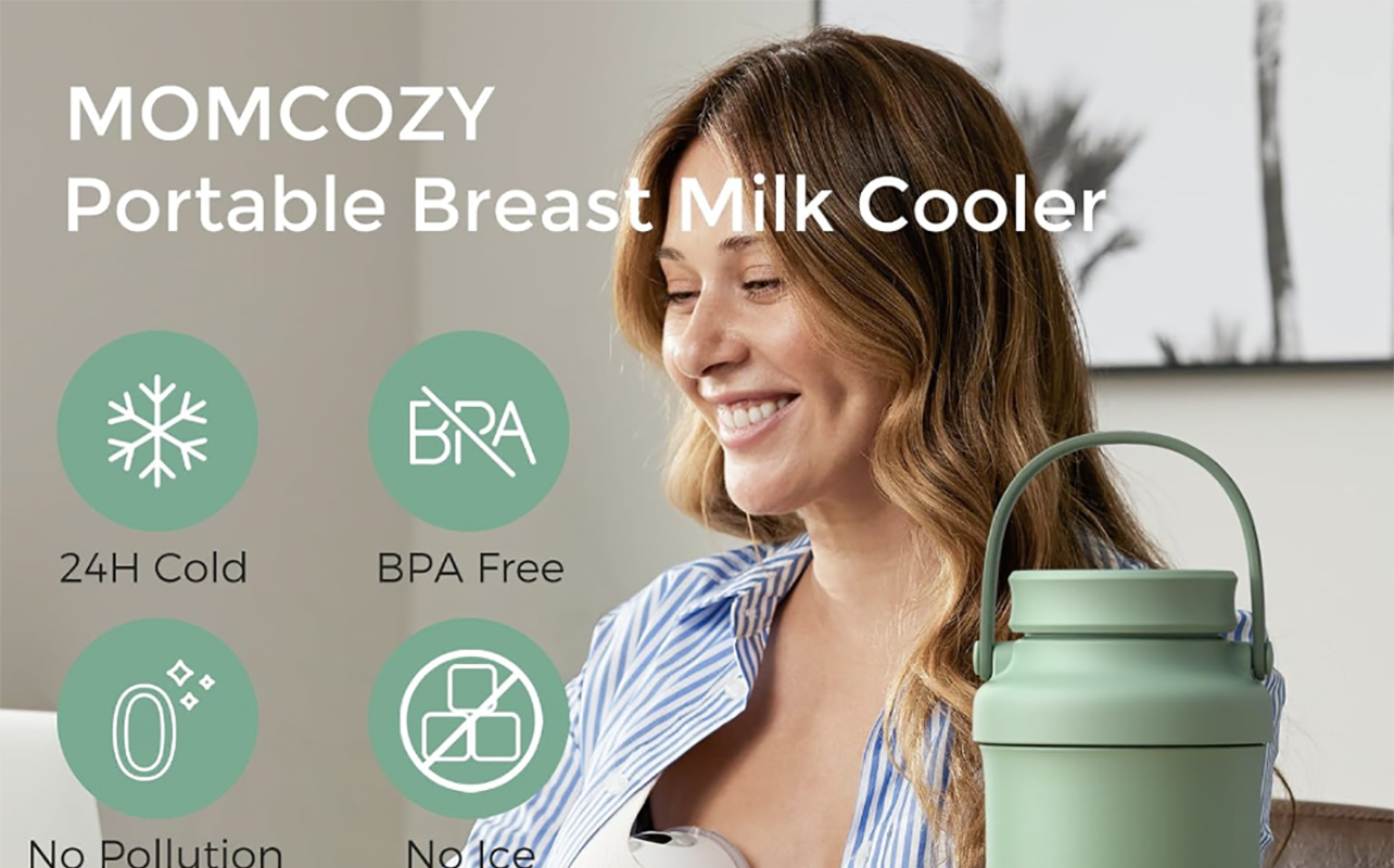 A mom smiling with the Momcozy portable breast milk cooler that is BPA-free.