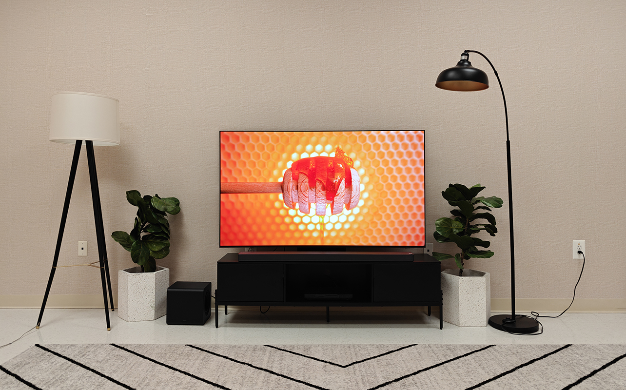 Samsung 2025 OLED TV in a room showing a vibrant image