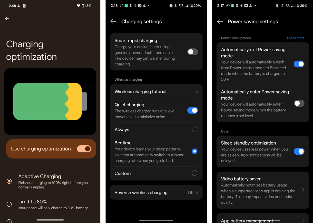 Screenshots from Android phones showing battery management.