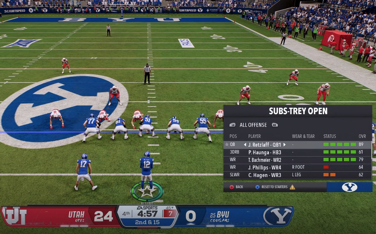 Football video game scene: Blue team set to snap near midfield, red defense prepares. Score: Utah 24, BYU 0. The play selection menu is visible.