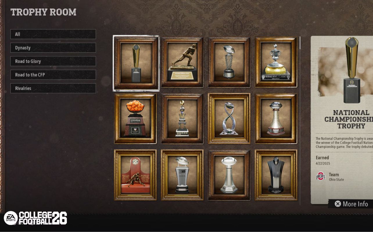 Trophy room showcasing 12 framed sports trophies, menu on the left with categories, and "National Championship Trophy" info on the right. EA Sports logo.