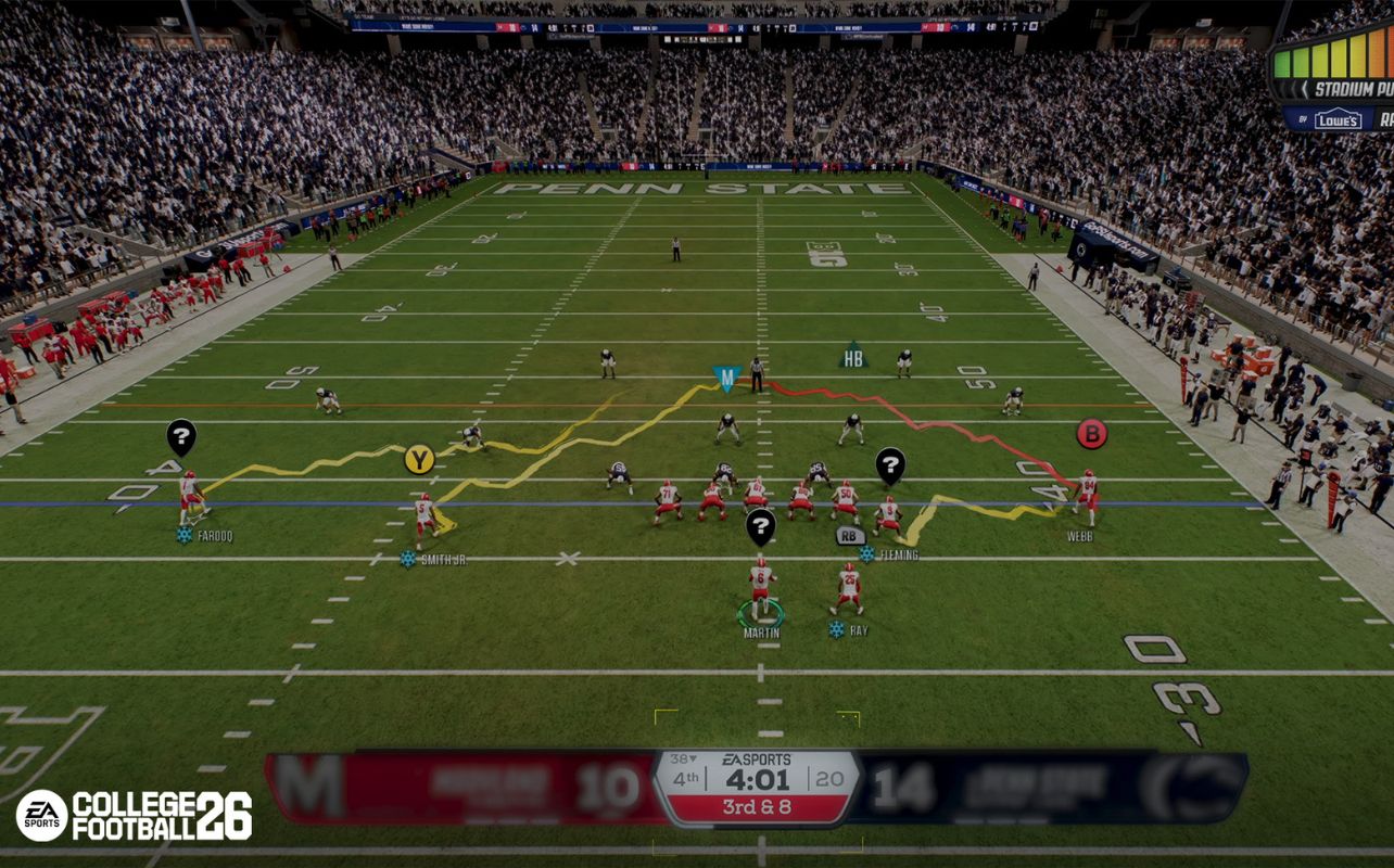 Football video game scene; players align on field for a play at Penn State stadium. Play lines and labels visible, score 14-10, 4th quarter.