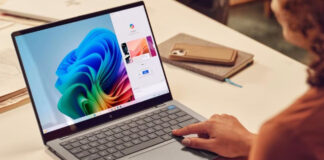 Woman using Copilot+on an HP laptop.