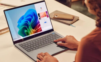 Woman using Copilot+on an HP laptop.