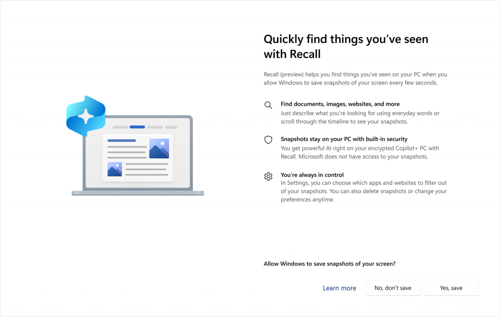 Screenshot showing Copilot+ PC for students Recall feature setup