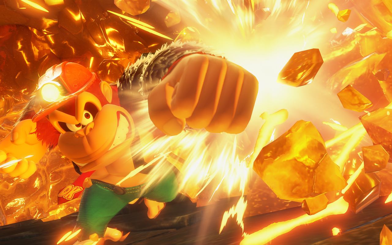 Donkey Kong smashing through the terrain in Donkey Kong Bananza.