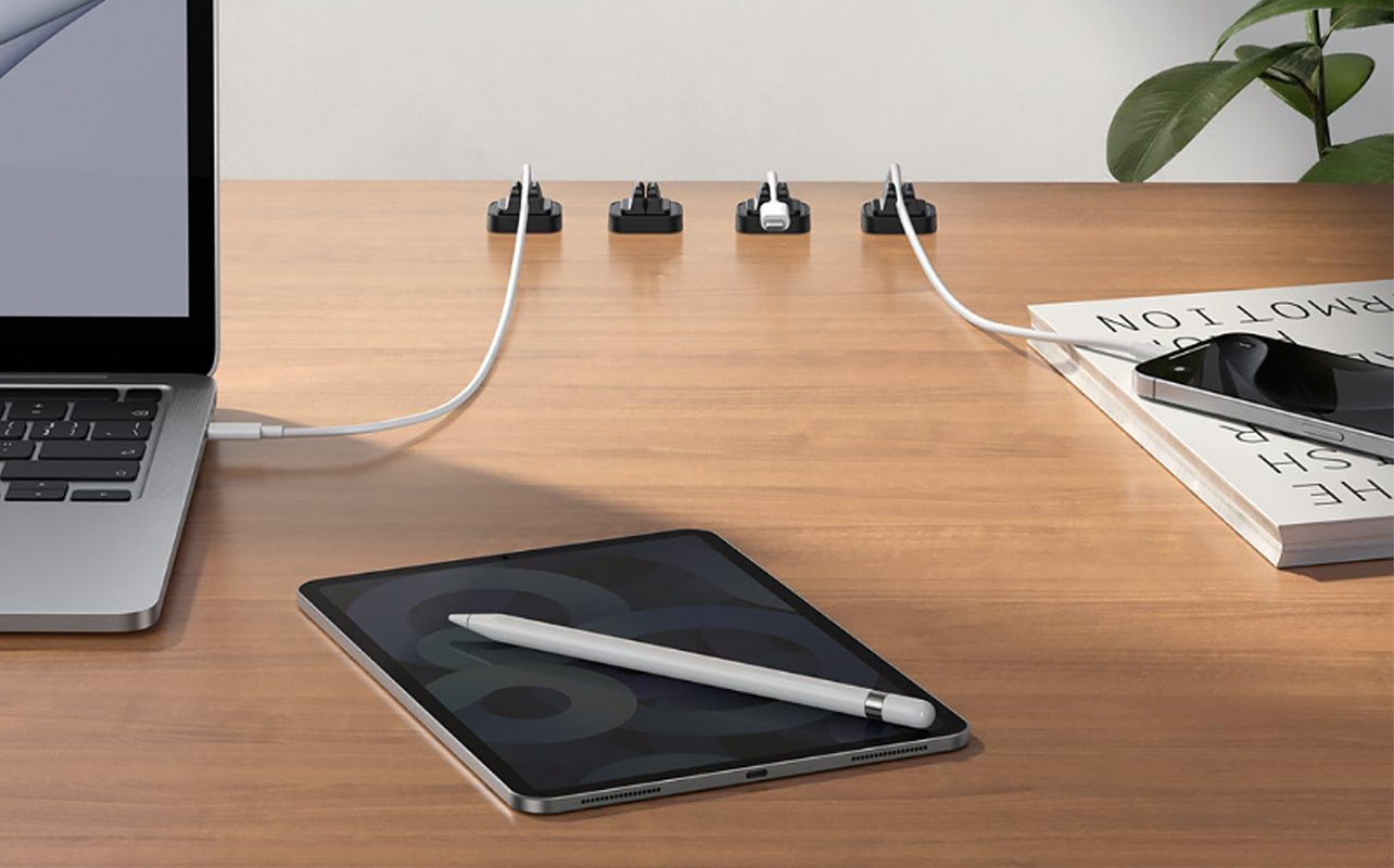 Computer accessories like cord organizers help dorm spaces look tidy. 