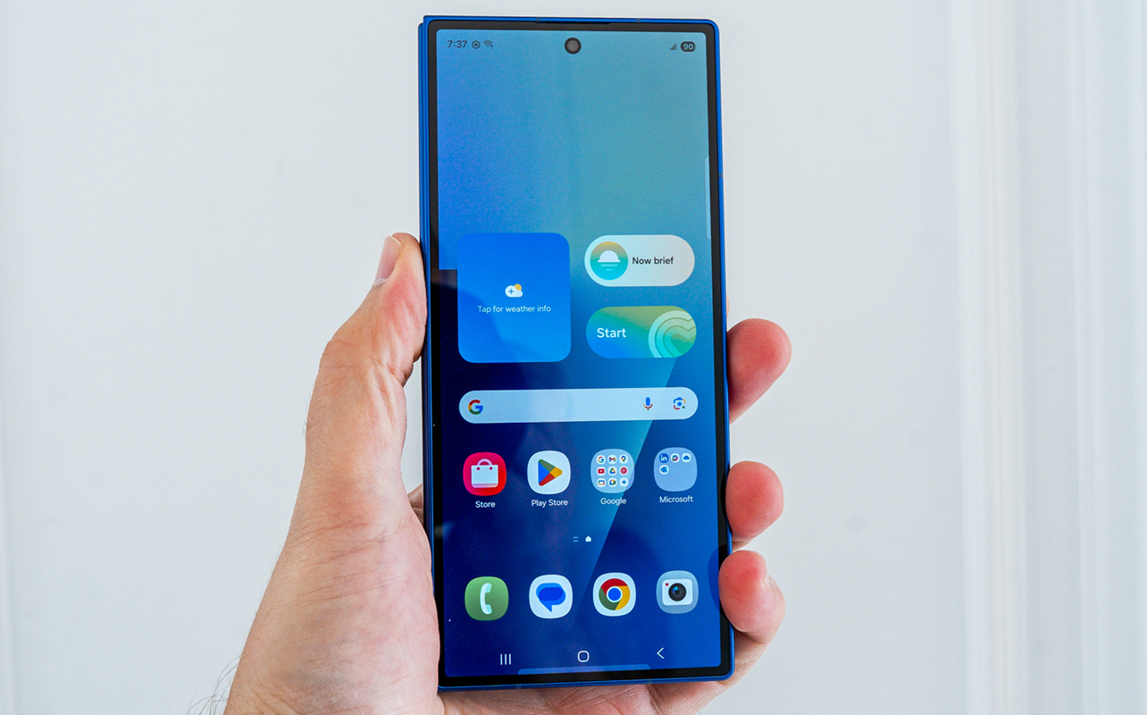 Samsung Galaxy Z Fold7 clamped shut showing Cover Screen.