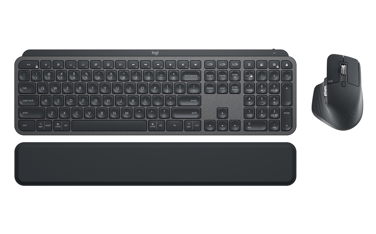 Logitech MX system keyboard and mouse on white background.