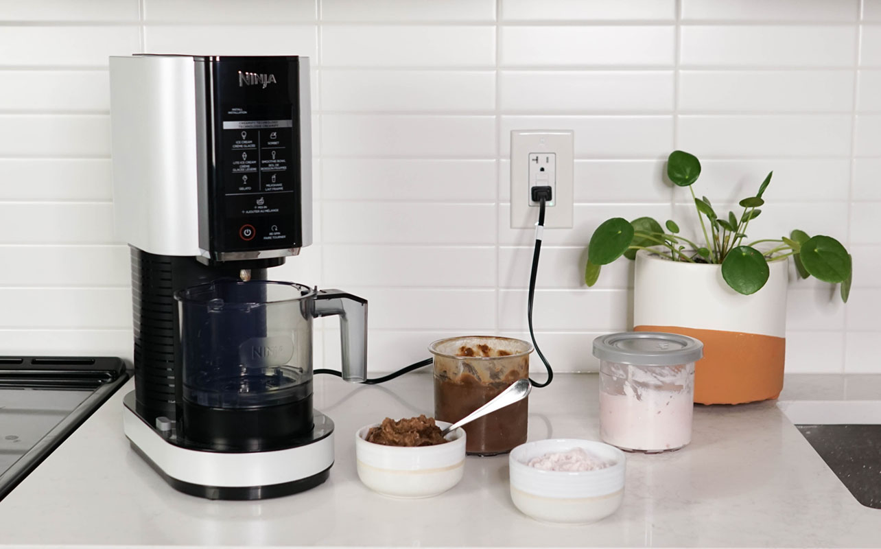 Ninja CREAMi 0.47L Ice Cream, Sorbet & Milkshake Maker. A bowl of sorbet and a bowl of ice cream.