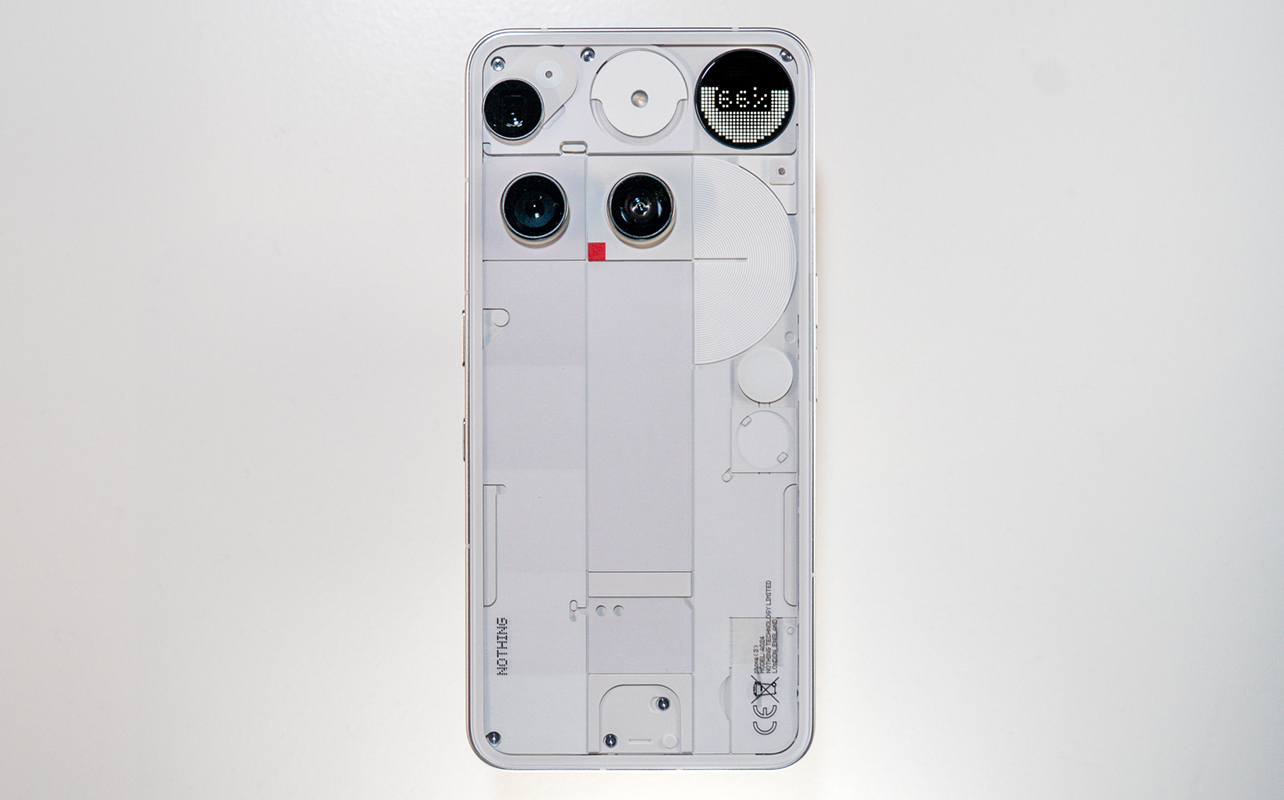 View of back of Nothing Phone (3) in white.