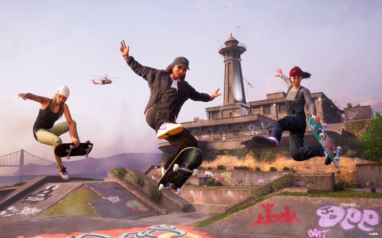 Tony Hawk's Pro Skater 3 + 4 three skaters doing ollies in the air