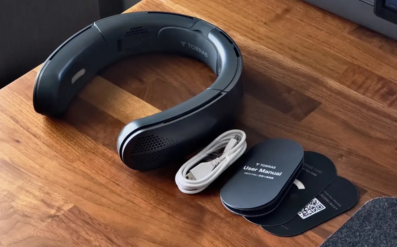 TORRAS neck fan with charging cable and user manual