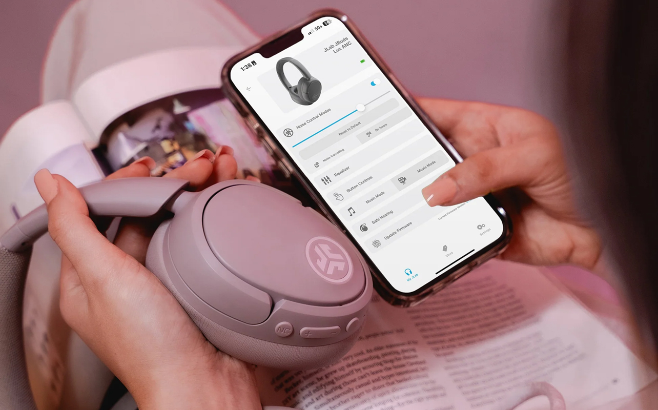 Pairing JLab JBuds Lux headphones with mobile app on iPhone.
