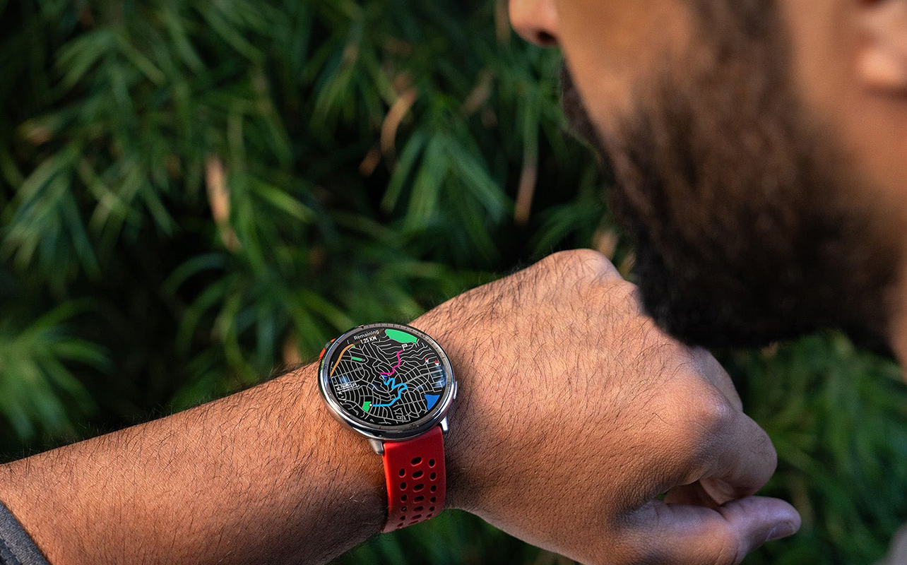 A wrist with the Amazfit Active 2 showing a running map.