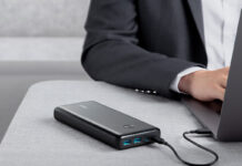 A close up of the Anker Powercore III Elite charging a laptop