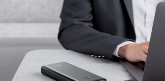 A close up of the Anker Powercore III Elite charging a laptop