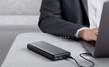 A close up of the Anker Powercore III Elite charging a laptop