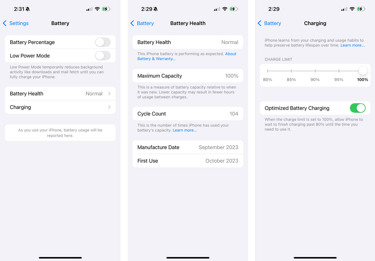 iOS screenshots showing battery health and management.