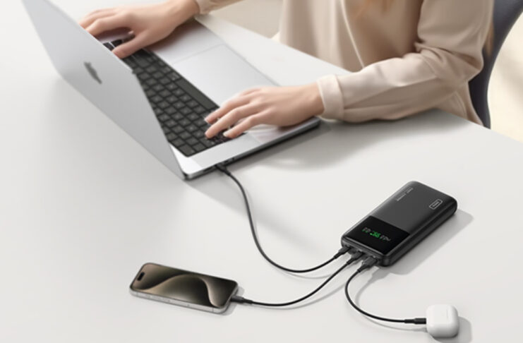 Hands on a laptop being charged with the INIU 27,000mAh power bank.
