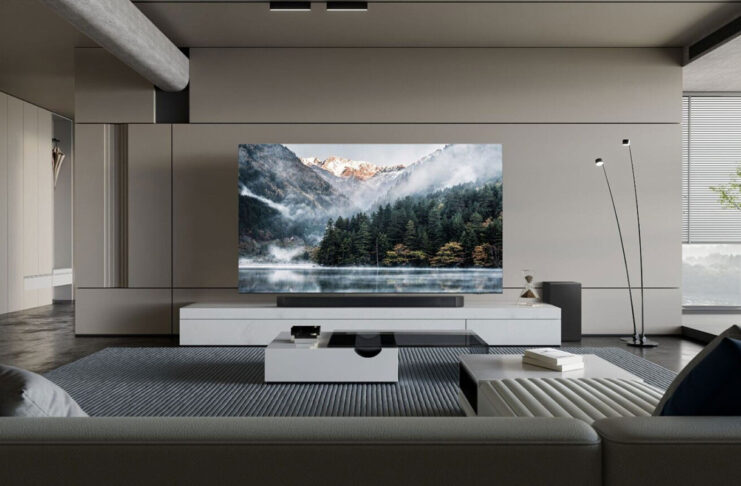 A Samsung Neo QLED TV on furniture in a room.