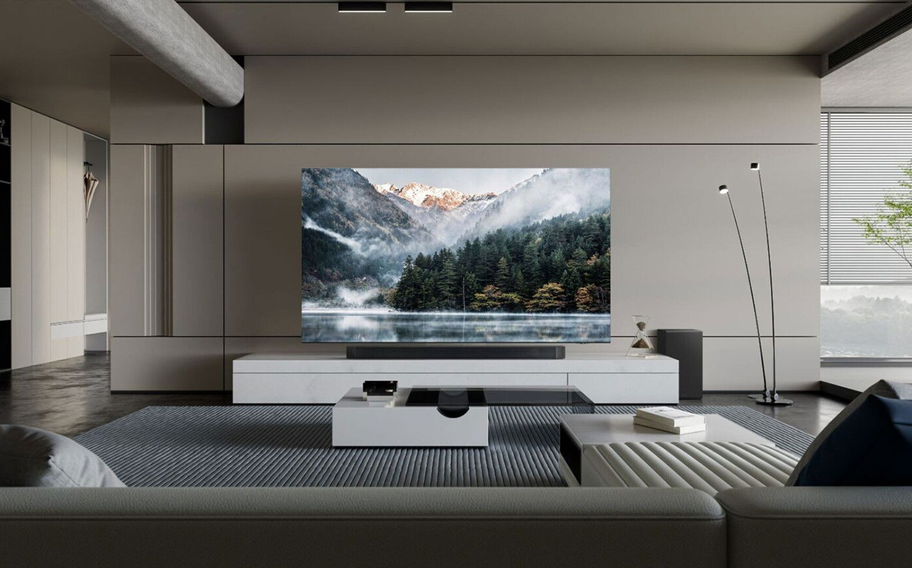 A Samsung Neo QLED TV on furniture in a room.