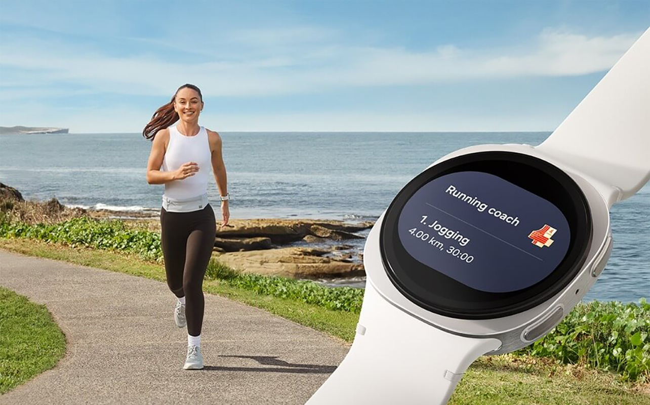A woman running with a Samsung Galaxy Watch8 in the foreground showing stats.
