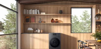 A Samsung washer dryer combo in a kitchen.