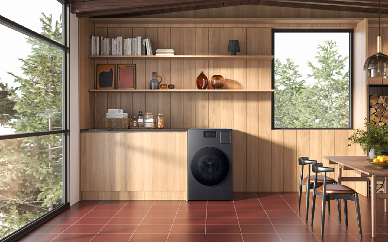 A Samsung washer dryer combo in a kitchen.