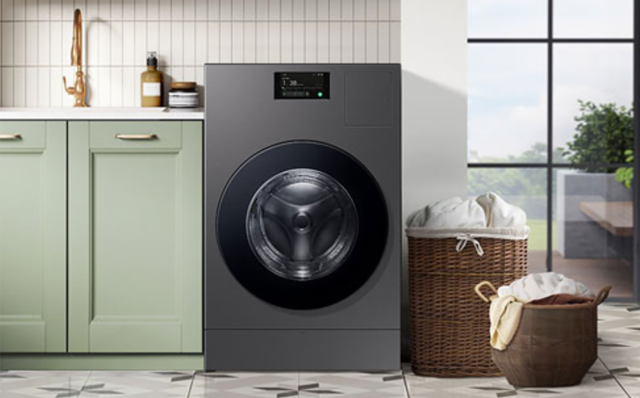 A Samsung washer dryer combo in a laundry area.