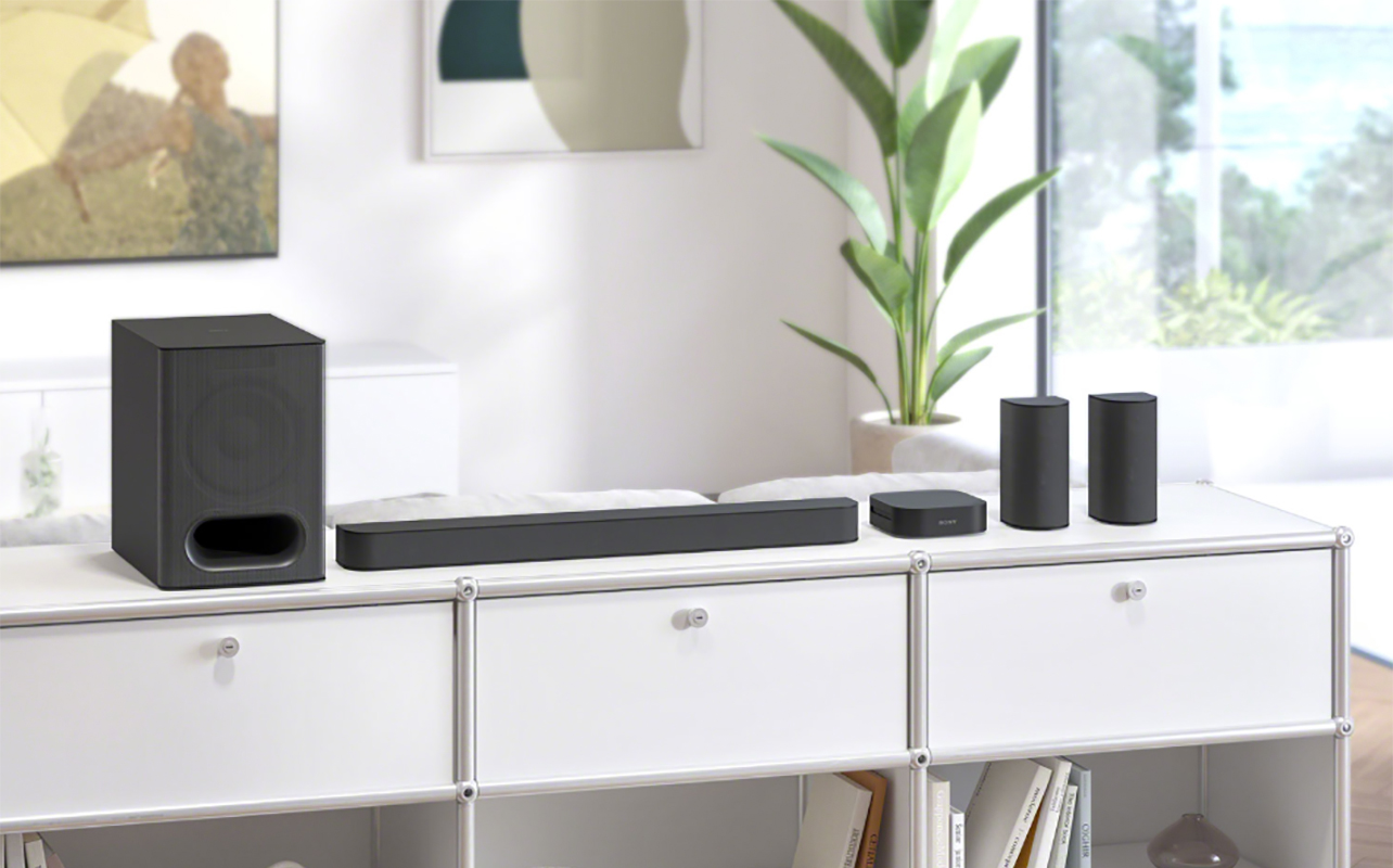 The Sony Bravia HTS60 soundbar with speakers on a table.