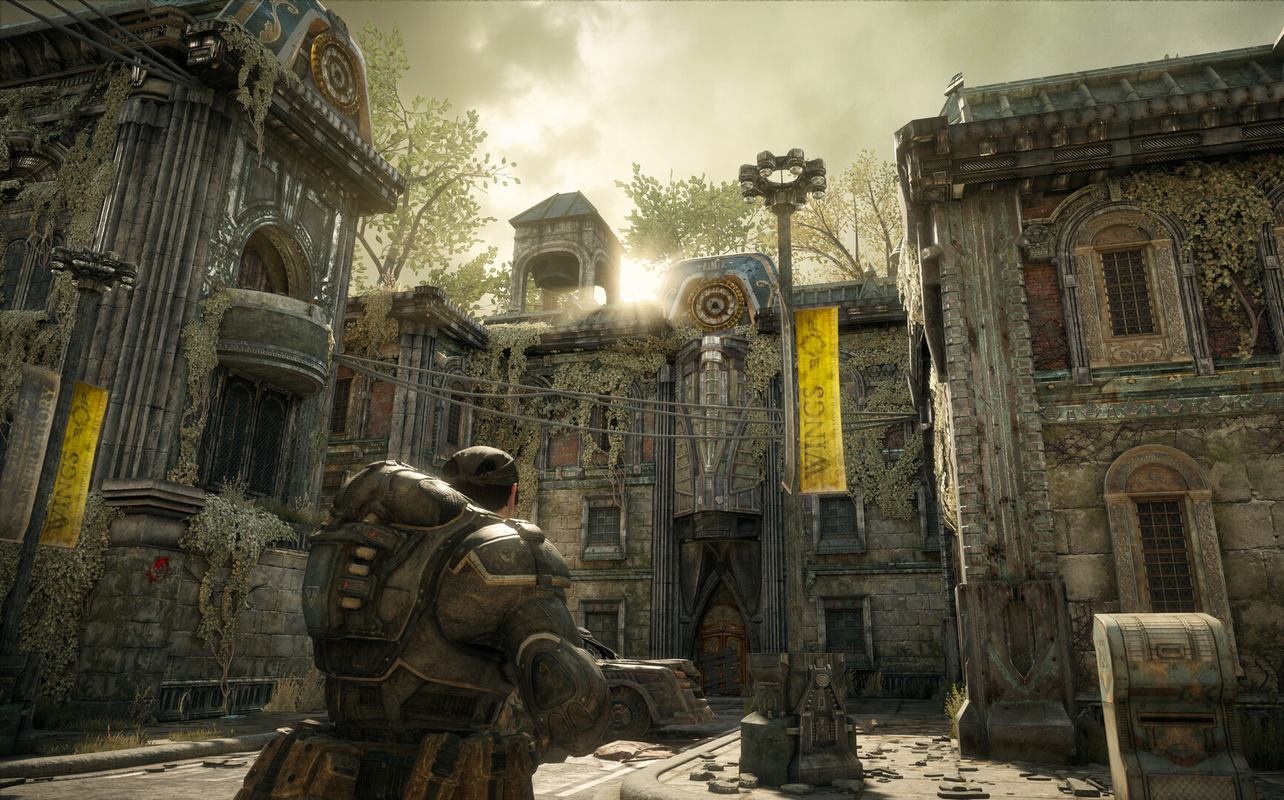 A scene from Gears of War Reloaded showing the heavy use of grey and brown colour palettes.