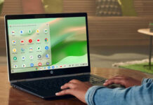 HP Chromebook open showing home screen with app tray open.