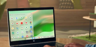 HP Chromebook open showing home screen with app tray open.