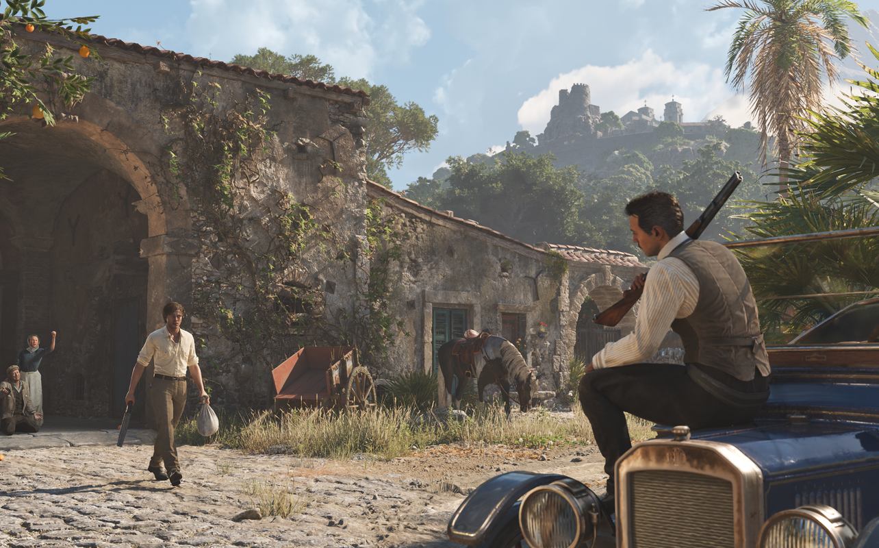 Enzo and Luca converse in a scene from Mafia The Old Country.