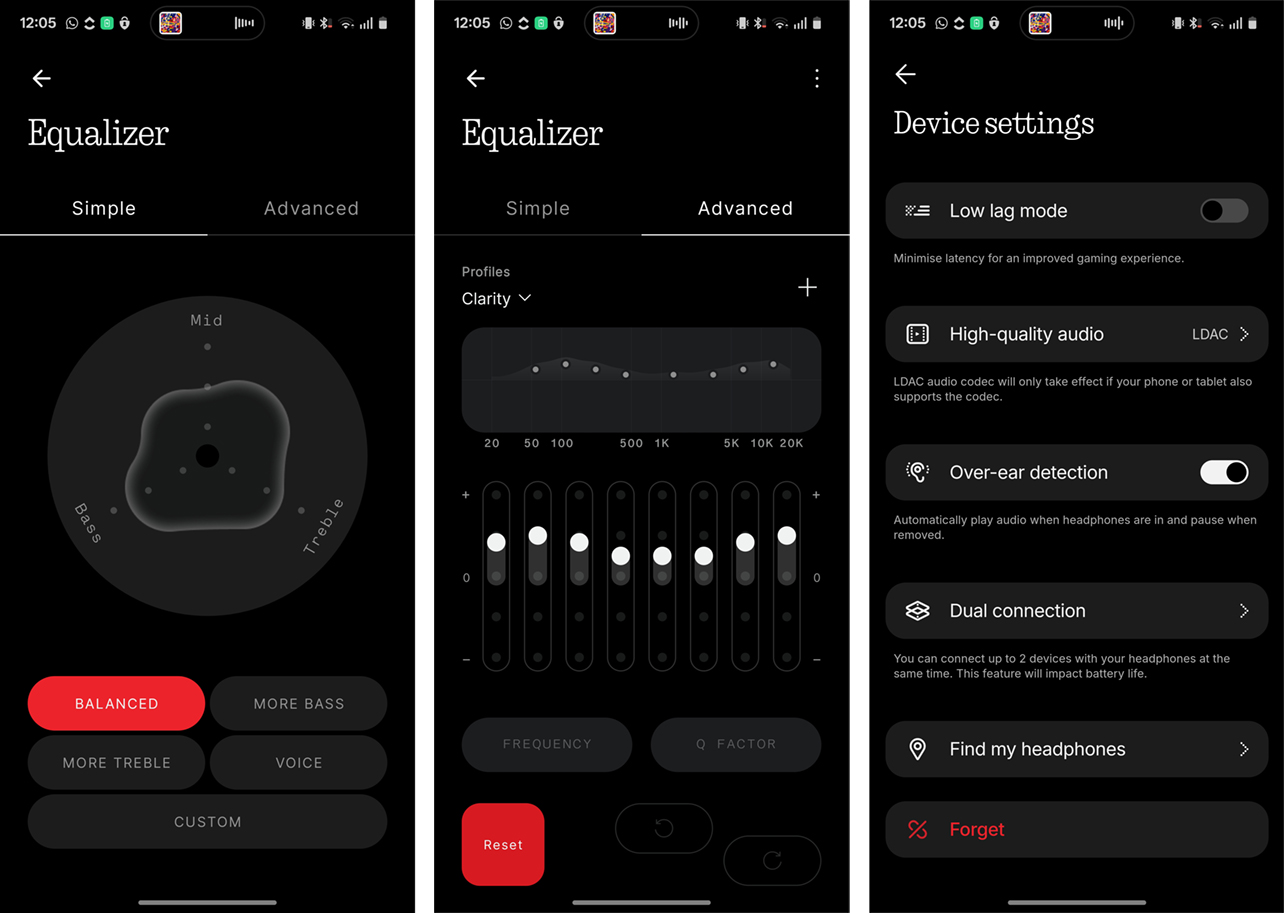 Captures d'écran Android montrant les commandes audio personnalisées et les paramètres du casque d'écoute Nothing Headphone 1