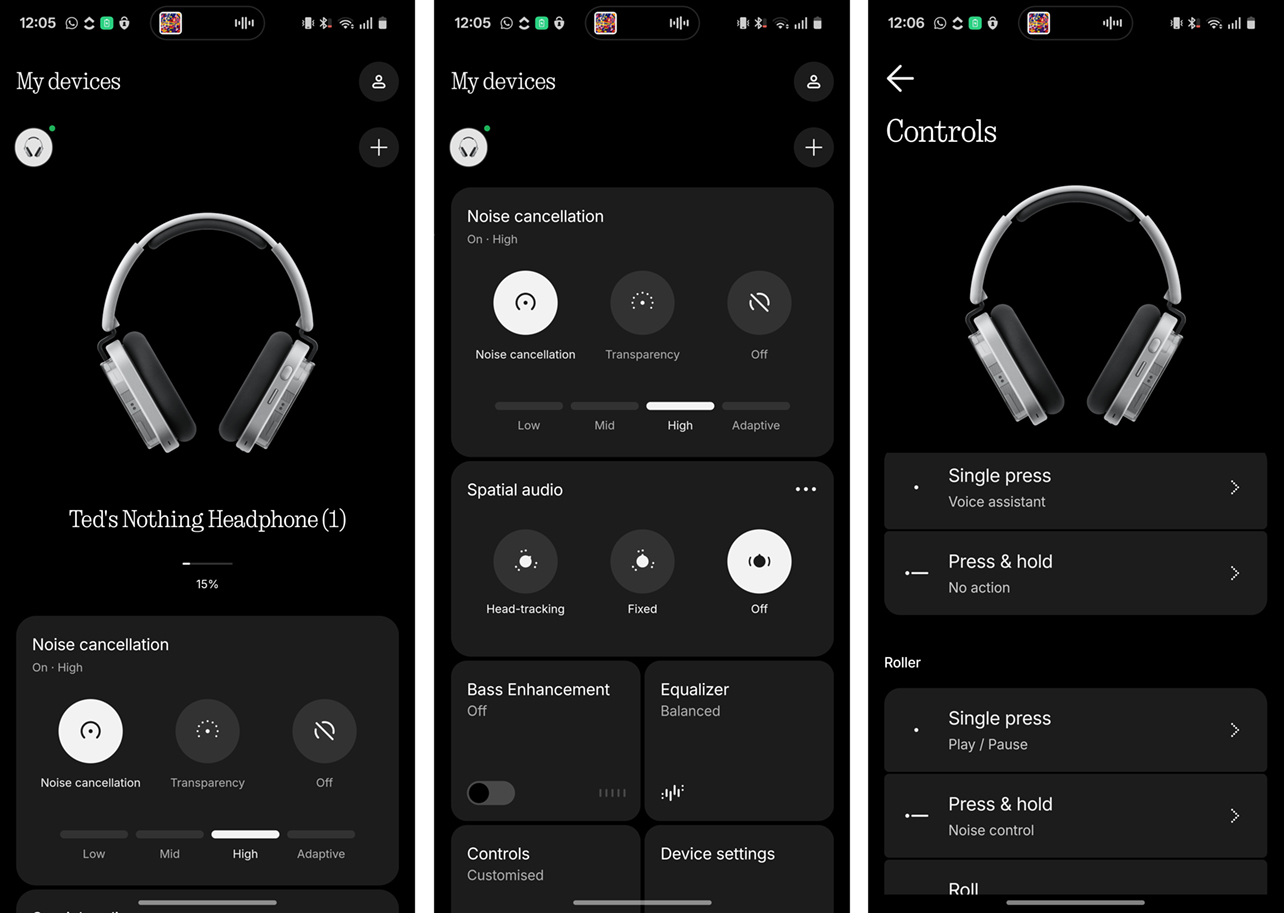 Captures d'écran Android montrant les commandes et les paramètres personnalisés du casque Nothing Headphone (1).