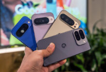 Google Pixel 10 series phones in hand fanned out.