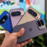 Google Pixel 10 series phones in hand fanned out.