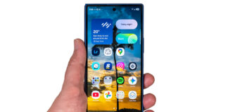 Samsung Galaxy Z Fold7 folded in hand on white background.