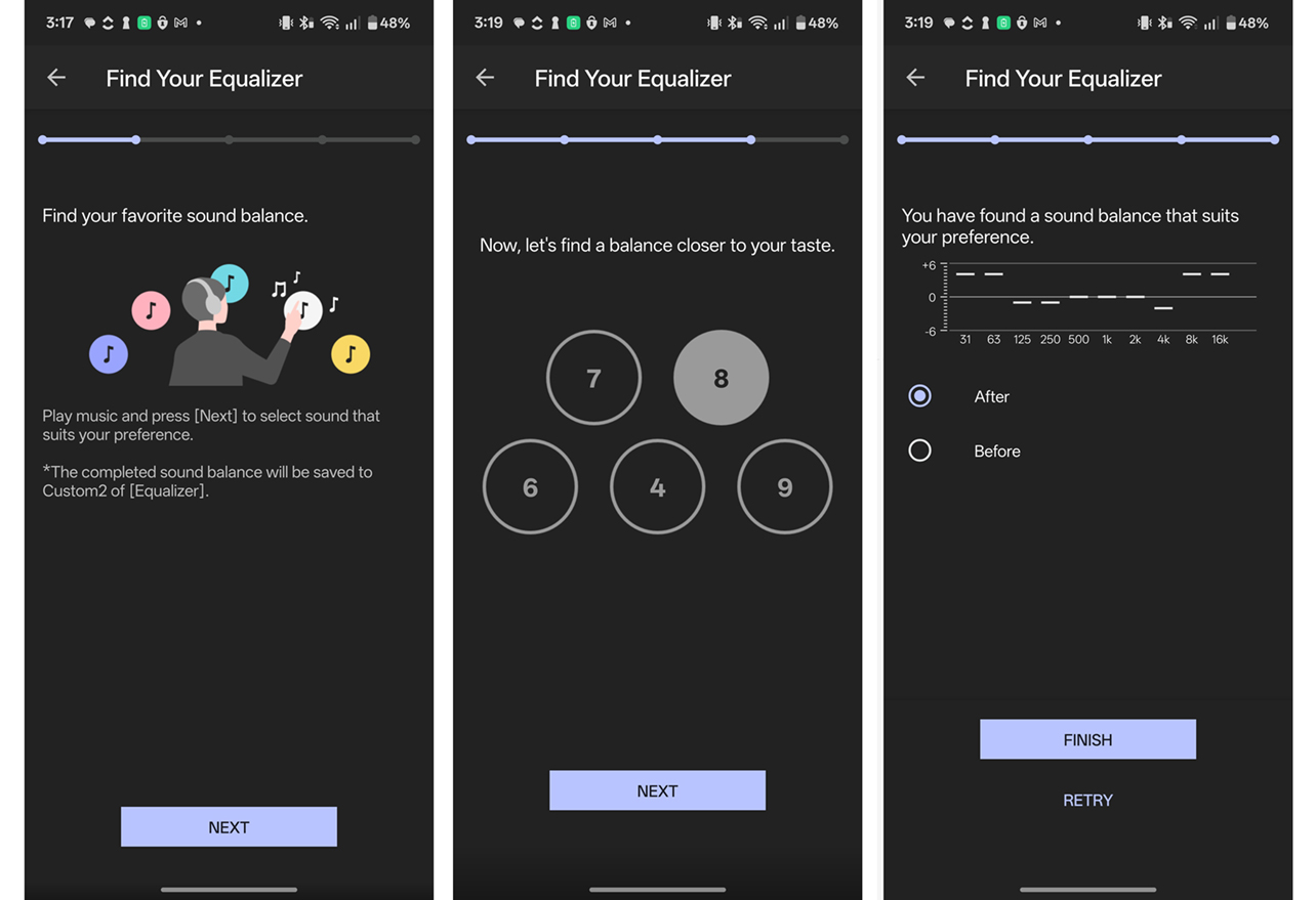 Sony Sound Connect Android app screenshots for Sony WH-1000XM6 headphones.