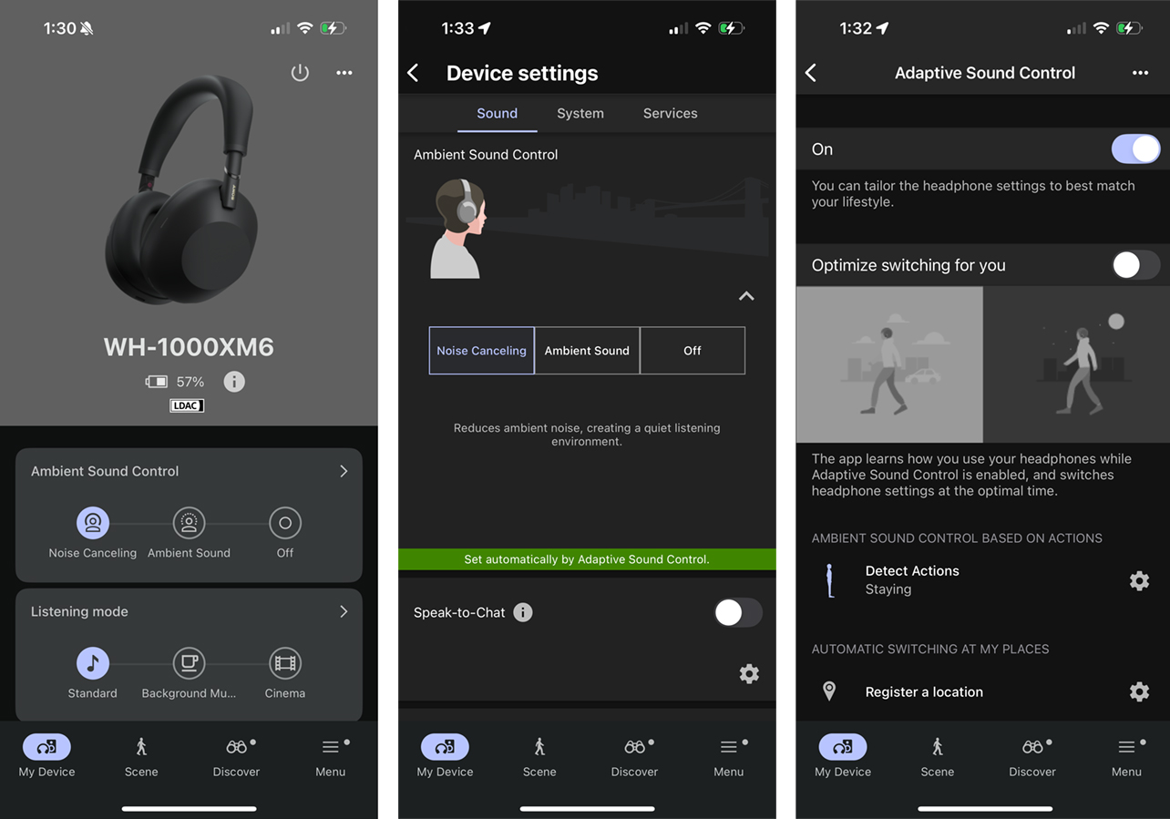 Screenshots of Sony Sound Connect app for the Sony WH-1000XM6 headphones.