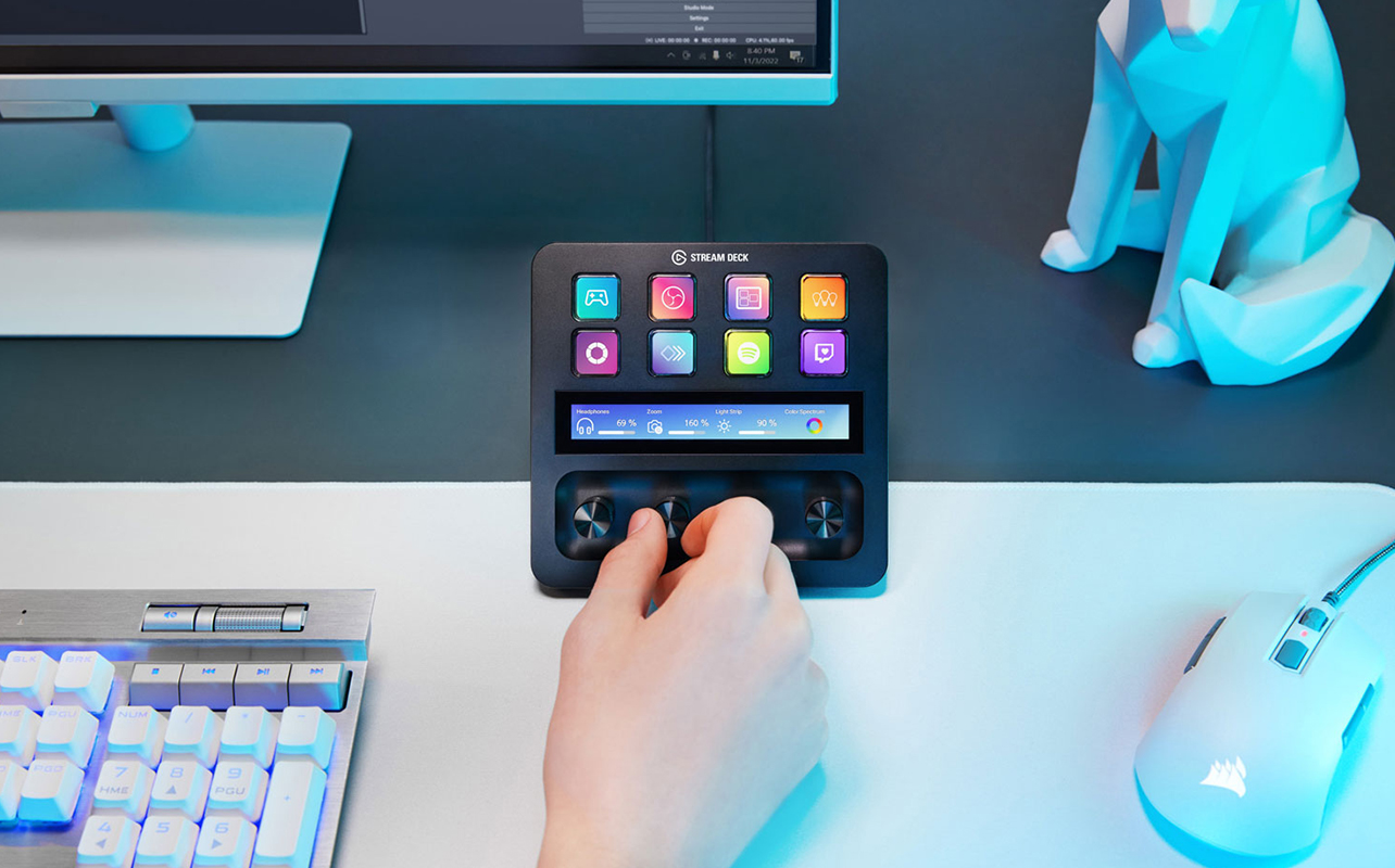 Close-up of Stream Deck with hand on dial