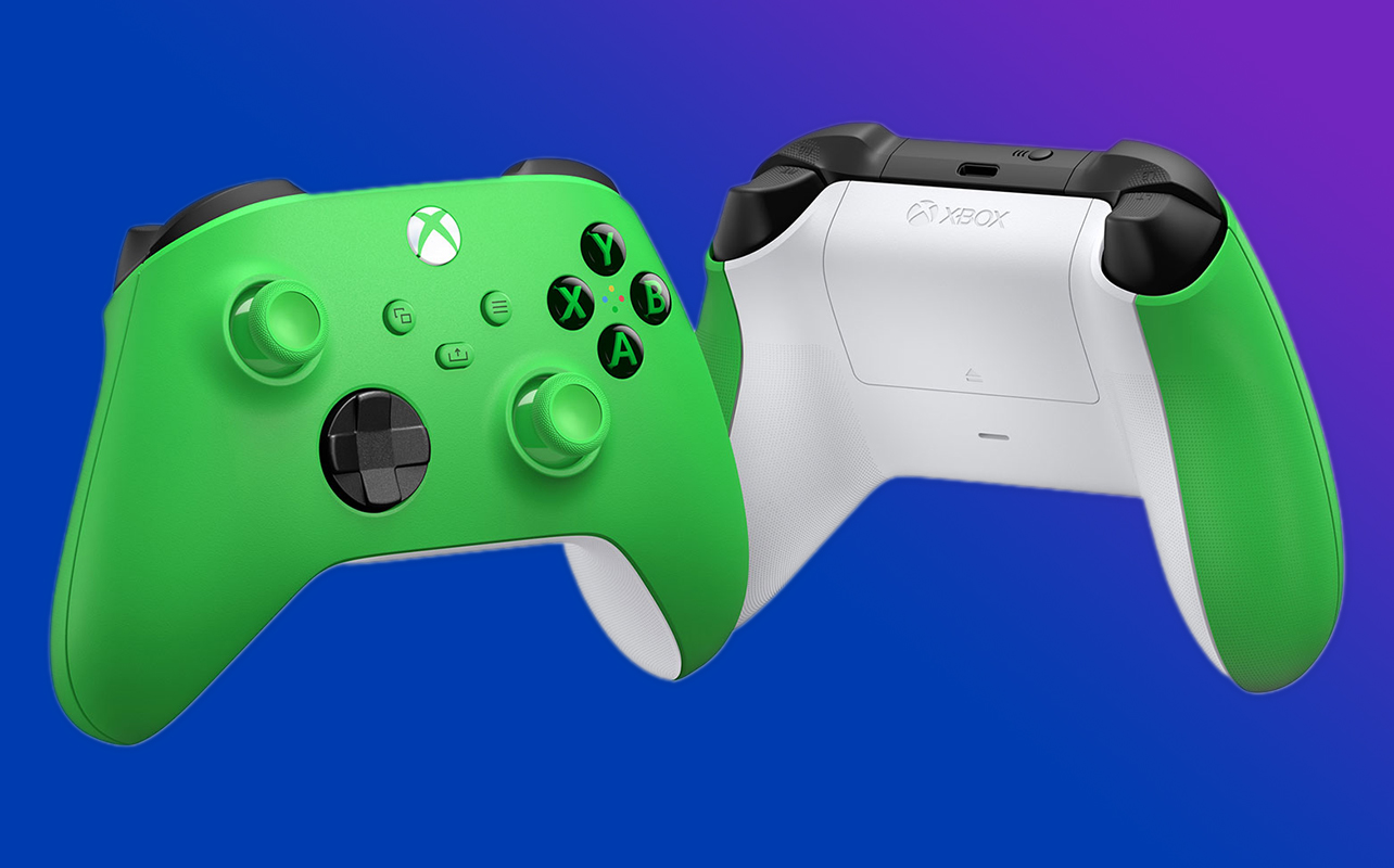 Green and white Xbox wireless controllers
