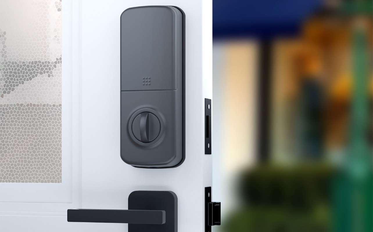 A close of of al Alfred Wi-Fi door lock on a door that is open.