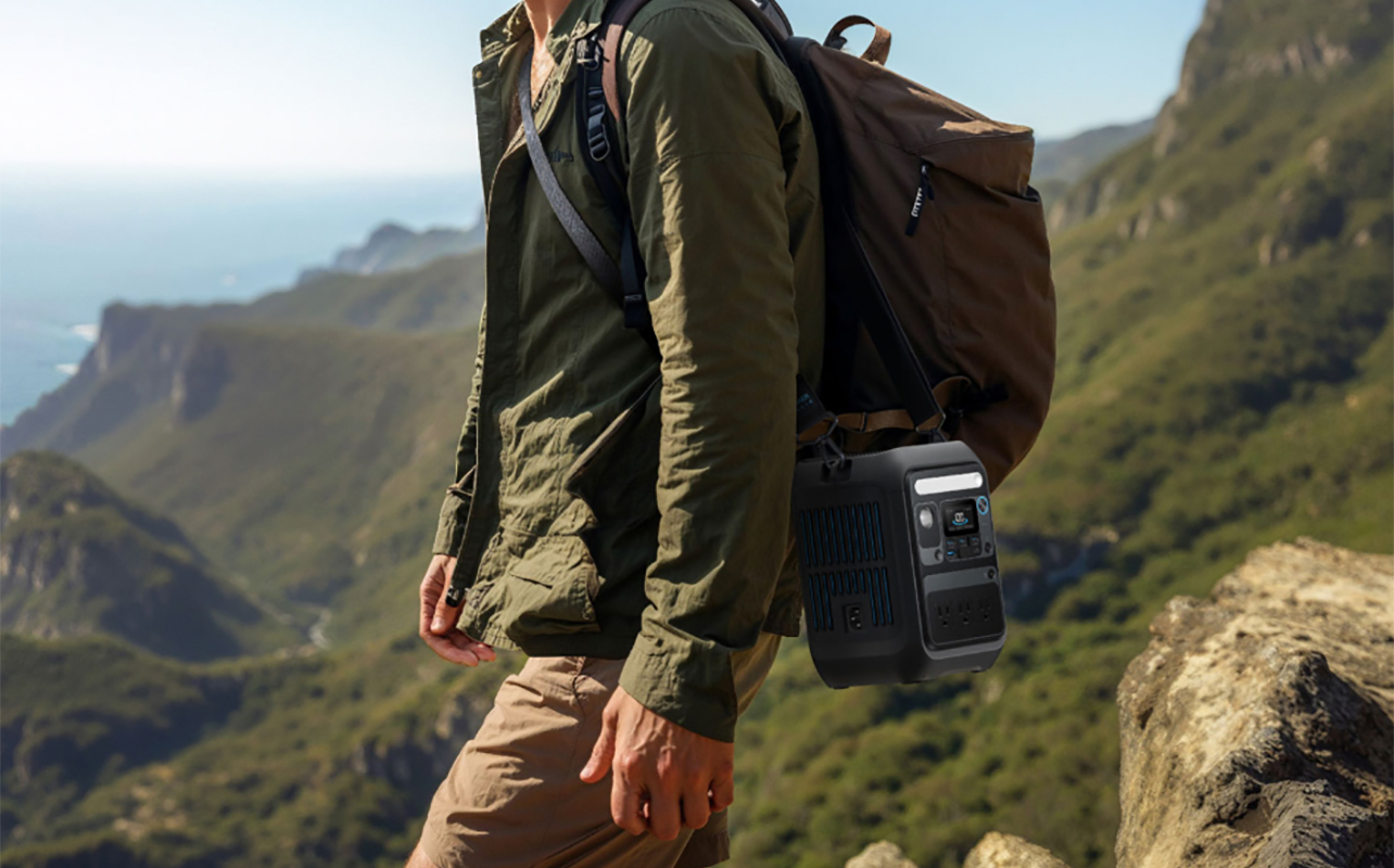 A man hiking with an Anker Solix C300X portable power station