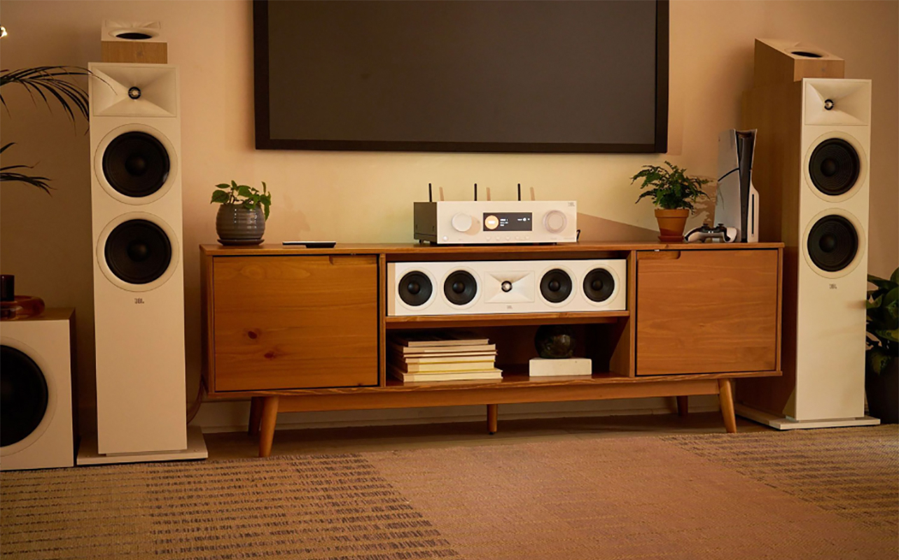 JBL Stage speakers in a living room.