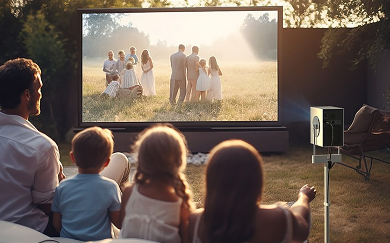 Three kids watching a movie outside using the LG CineBeam Q portable projector.