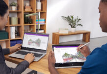 Two students using 2-in-1 laptops in different ways to work on the same project in Microsoft OneNote.